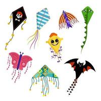 ensemble de cerfs-volants lumineux et joyeux sous forme de drapeau pirate, dragon, papillon, chauve-souris, poisson et visage heureux. festival de cerf-volant d'été. jouet pour enfants en plein air et dans le vent vecteur