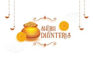 shubh dhanteras vœux carte avec or pièce de monnaie Kalash et floral vecteur