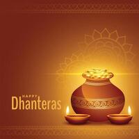 décoratif content dhanteras d'or Contexte avec Kalash et diya vecteur