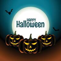 content Halloween effrayant citrouilles carte avec lune et chauves-souris vecteur