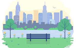 plat conception illustration de banc dans ville parc avec paysage urbain dans brillant journée vecteur