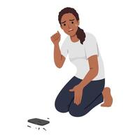 triste femme pleurs car de cassé mobile téléphone sur sol. vecteur