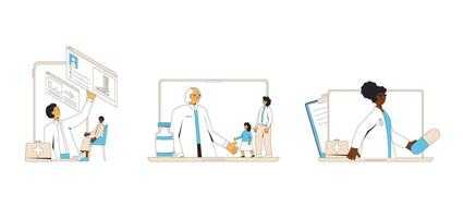 en ligne médical consultation ensemble. télémédecine. médecin loin conseiller. santé se soucier par l'Internet. soins de santé prestations de service. vecteur illustration.