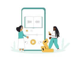 Jeune femme écoute à livre audio. deux femelle adolescents et énorme téléphone avec éducation application. vecteur