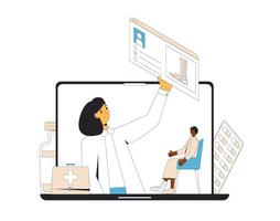 en ligne orthopédie médical consultation. traumatologue avec pieds doigt de pied patient traumatisé. télémédecine. médecin loin conseiller. santé se soucier par l'Internet. soins de santé podologue prestations de service. vecteur