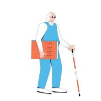 aveugle homme avec bâton et livre. la personne avec invalidité avoir une braille livre. vecteur