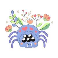 mignonne violet araignée avec fleurs, concept, dessin animé, des gamins personnage insecte pour T-shirt impression, cartes postales, votre conception vecteur