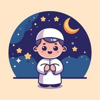 musulman enfant prier vecteur illustration et nuit ciel avec plein de étoiles Contexte Ramadan kareem