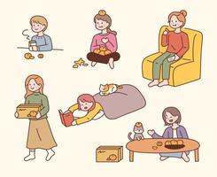 collection de personnages féminins mangeant des mandarines dans le confort de leur maison. vecteur
