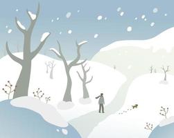 un homme marche avec un chien dans la forêt enneigée. illustration vectorielle de style design plat. vecteur