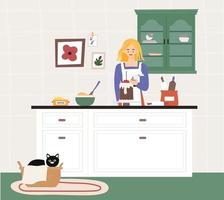 une femme prépare un gâteau dans la cuisine. le chat dort dans un panier. illustration vectorielle de style design plat. vecteur