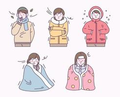 les gens en vêtements d'hiver ou en couvertures tremblent de froid. illustration vectorielle de style design plat. vecteur