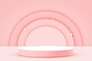 rond podium, piédestal sur pâle rose Contexte avec arc en ciel et étoiles dans papier Couper style avec ombre pour produit présentation. vecteur