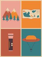 rétro géométrique brillant affiche avec camping et randonnée choses. montagnes, carte, lampe de poche, chapeau, vecteur illustration