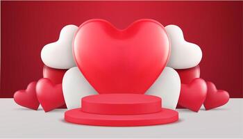 rouge romantique la Saint-Valentin journée 3d podium piédestal avec cœur tas mur Contexte réaliste vecteur