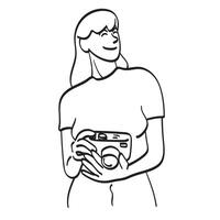 femme en portant compact caméra illustration vecteur main tiré isolé sur blanc Contexte