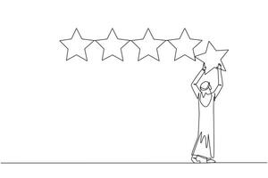 Célibataire continu ligne dessin Jeune arabe homme en portant en haut une étoile avec tous les deux mains et coller il en haut à faire 5 étoiles dans une ligne. donner le meilleur examen. en ligne magasin. un ligne conception vecteur illustration