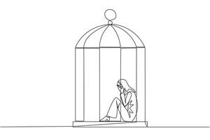 continu un ligne dessin arabe femme d'affaires piégé dans le cage séance couvrant affronter. ressentir tout à fait vaincu. piégé dans une sale entreprise. mentalement fatigué. perdu. Célibataire ligne dessiner vecteur illustration