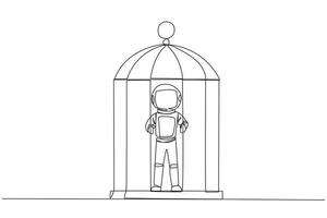 continu un ligne dessin malheureux astronaute piégé dans cage permanent tenir le le fer barres. détenu corps et esprit. limité opportunité. sentiment épuisé. Célibataire ligne dessiner conception vecteur illustration