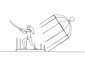 continu un ligne dessin femme d'affaires piégé dans cage détient samouraï. expression de colère plus de le limites cette manille. chercher liberté à tout coût. Célibataire ligne dessiner conception vecteur illustration