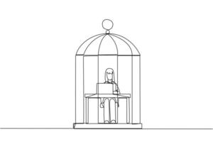 Célibataire un ligne dessin femme d'affaires piégé dans cage séance et dactylographie sur portable ordinateur. fatigant routine. malheureux femme d'affaires avec le beaucoup date limite. continu ligne conception graphique illustration vecteur