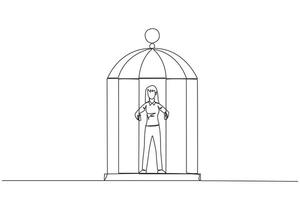 Célibataire continu ligne dessin malheureux femme d'affaires piégé dans cage permanent tenir le le fer barres. détenu corps et esprit. limité opportunité. sentiment épuisé. un ligne conception vecteur illustration