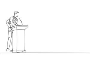 Célibataire un ligne dessin homme d'affaire discours permanent derrière le podium. donner discours solennel cette monde affaires pouvez être plus indépendant. encourager par mots. continu ligne conception graphique illustration vecteur