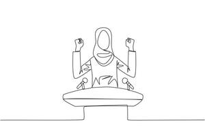 Célibataire un ligne dessin Jeune arabe femme d'affaires Parlant à le podium tandis que élevage et serrant tous les deux mains. stylé comme une politicien cherchant voix. continu ligne conception graphique illustration vecteur