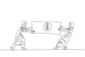 Célibataire un ligne dessin deux arabe femme d'affaires combat plus de billets de banque. bats toi plus de le Capitale à condition de par le gouvernement à choisi entrepreneurs. continu ligne conception graphique illustration vecteur