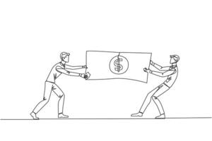 Célibataire continu ligne dessin deux en colère homme d'affaire combat plus de billets de banque. bats toi plus de le Capitale à condition de par le gouvernement à choisi entrepreneurs. rival. un ligne conception vecteur illustration