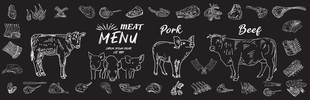 collection de produits de viande fraîche. illustration vectorielle de croquis. vecteur
