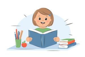 fille enfant en train de lire livre. connaissance et éducation concept. les enfants étude à école ou à maison. vecteur illustration.