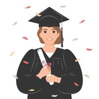 heureux étudiant diplômé avec un diplôme, vêtu d'une robe et d'une casquette académique carrée. une jeune femme diplômée de ses études. illustration vectorielle plane sur fond blanc. vecteur