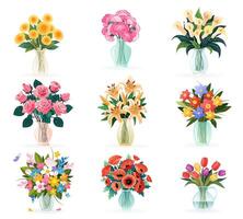 ensemble de bouquets dans des vases avec printemps et été divers fleurs, isolé vecteur des illustrations sur blanc pour anniversaire faire-part, aux femmes jour, de la mère jour, mariage cartes. floral conception, clipart.