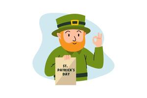 marrant homme avec vert chapeau porter une invitation carte lettre. illustration pour st. patrick's jour, irlandais vacances vecteur
