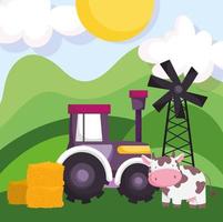 animaux de la ferme vache tracteur pile de foin moulin à vent dessin animé vecteur