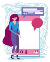personnes et smartphone, jeune femme avec message de bulle de discours de périphérique mobile vecteur