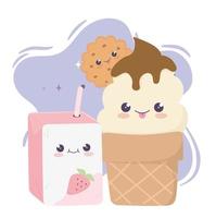mignon personnage de dessin animé kawaii jus de boîte et crème glacée vecteur
