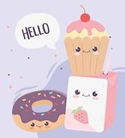 mignon personnage de dessin animé kawaii beignet de jus de boîte et cupcake vecteur