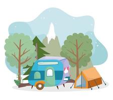 camping tente remorque forêt arbres verdure dessin animé vecteur