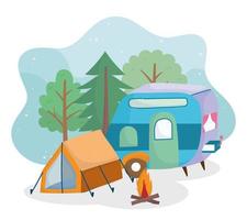 camping tente remorque feu de camp forêt arbres verdure dessin animé vecteur