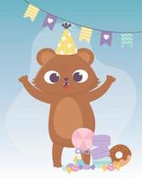 bonne journée, petit ours avec chapeau bonbons beignets biscuits et caramels vecteur
