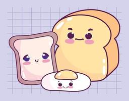 pain de petit déjeuner de nourriture mignonne et dessin animé de pâtisserie de dessert sucré de pain blanc d'oeuf au plat vecteur