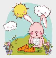 animaux mignons, lapin avec des carottes dans le dessin animé de prairie vecteur