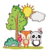 animaux mignons, panda et renard papillon arbre brousse soleil dessin animé vecteur