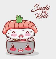 kawaii nigiri sushi avec de la nourriture de rouleau de riz dessin animé japonais, sushi et rouleaux vecteur