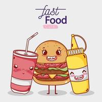 Fast-Food burger mignon moutarde et dessin animé de soda tasse à emporter vecteur