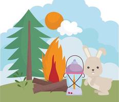 camping mignon lapin lanterne feu de joie arbre soleil nuages dessin animé vecteur