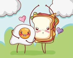 petit déjeuner mignon oeuf au plat et dessin animé sandwich vecteur