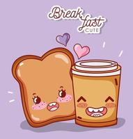 petit déjeuner mignon tranche de pain et dessin animé de tasse de café jetable vecteur